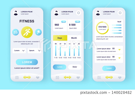 Fitness workout unique neomorphic design kit. Personal trainer app with activity analytics, strength and cardio training. Sport activity UI, UX template set. GUI for responsive mobile application. Fitness workout unique neomorphic design kit. Personal trainer app with activity analytics, strength and cardio training. Sport activity UI, UX template set. GUI for responsive mobile application. 140028482