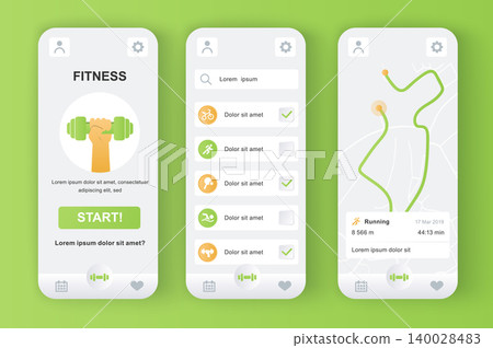 Fitness monitor unique neomorphic design kit for mobile app. Personal tracker with running route on map, different kinds of workouts. Sport UI, UX template set. GUI for responsive mobile application. Fitness monitor unique neomorphic design kit for mobile app. Personal tracker with running route on map, different kinds of workouts. Sport UI, UX template set. GUI for responsive mobile application. 140028483