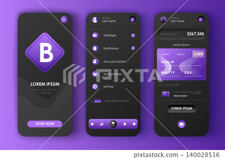 Online banking unique neomorphic design kit. Financial accounting app, money balance and analytics, smart investing. Financial management UI, UX template set. GUI for responsive mobile application. 140028516