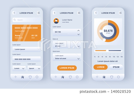 Online banking unique neomorphic design kit. Personal financial accounting app, money flow analytics, smart investing. Financial management UI, UX template set. GUI for responsive mobile application. Online banking unique neomorphic design kit. Personal financial accounting app, money flow analytics, smart investing. Financial management UI, UX template set. GUI for responsive mobile application. 140028520
