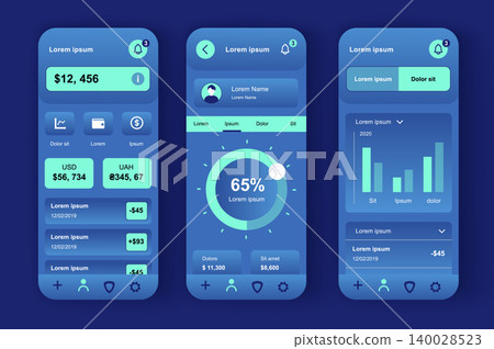 Finance services unique neomorphic design kit for mobile app. Credit card balance, checking account, transaction confirmation. Online banking UI, UX template set. GUI for responsive mobile application Finance services unique neomorphic design kit for mobile app. Credit card balance, checking account, transaction confirmation. Online banking UI, UX template set. GUI for responsive mobile application 140028523