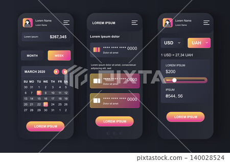 Personal finance management neomorphic design kit. Budgeting app with financial monitoring of bank and credit card accounts. Online banking UI, UX template set. GUI for responsive mobile application Personal finance management neomorphic design kit. Budgeting app with financial monitoring of bank and credit card accounts. Online banking UI, UX template set. GUI for responsive mobile application 140028524