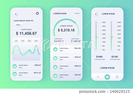 Smart finance manager neomorphic design kit. Bank accounts monitoring, budgeting app, financial planning and limits settings. Online banking UI, UX template set. GUI for responsive mobile application. Smart finance manager neomorphic design kit. Bank accounts monitoring, budgeting app, financial planning and limits settings. Online banking UI, UX template set. GUI for responsive mobile application. 140028525