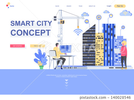 Smart city concept flat landing page template. Internet of things, wireless networking, digital environment engineering situation. Web page with people characters. Smart technology vector illustration 140028546