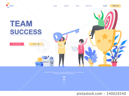 Team success flat landing page template. Office workers celebrating victory, winner sitting on trophy cup situation. Web page with people characters. Competition and achievement vector illustration Team success flat landing page template. Office workers celebrating victory, winner sitting on trophy cup situation. Web page with people characters. Competition and achievement vector illustration 140028548