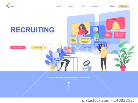 Recruiting flat landing page template. HR manager studying resumes of candidates situation. Web page with people characters. Human resource management and personnel hiring vector illustration. 140028553