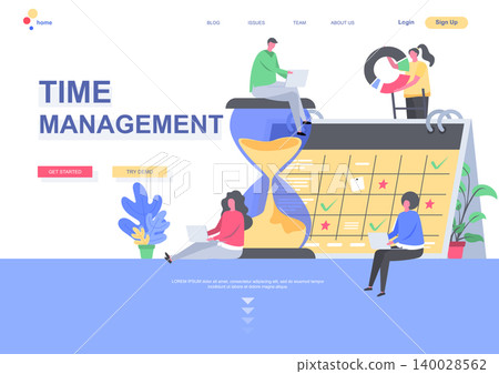 Time management flat landing page template. Developers team planning weekly schedule tasks on calendar situation. Web page with people characters. Work organization and efficiency vector illustration Time management flat landing page template. Developers team planning weekly schedule tasks on calendar situation. Web page with people characters. Work organization and efficiency vector illustration 140028562