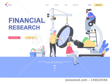 Financial research flat landing page template. Analysts carefully studying data with magnifying glass and microscope situation. Web page with people characters. Consulting service vector illustration Financial research flat landing page template. Analysts carefully studying data with magnifying glass and microscope situation. Web page with people characters. Consulting service vector illustration 140028566