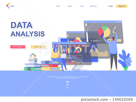 Data analysis flat landing page template. Business infographics, analyst doing marketing research situation. Web page with people characters. Financial and investment analytics vector illustration. 140028569