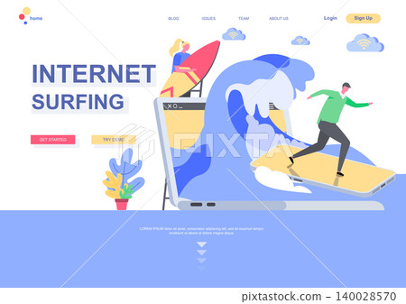 Internet surfing flat landing page template. Internet browsing, man surfing waves on smartphone as surfboard situation. Web page with people characters. Fast network connection vector illustration. Internet surfing flat landing page template. Internet browsing, man surfing waves on smartphone as surfboard situation. Web page with people characters. Fast network connection vector illustration. 140028570