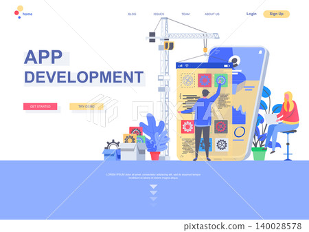 App development flat landing page template. Front end and back end development, developer create mobile application situation. Web page with people characters. Software engineering vector illustration 140028578