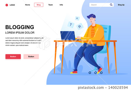 Blogging flat landing page composition. Guy writing blog post with laptop at desk. Social media content production and freelance. Colorful people character with noise texture vector illustration. Blogging flat landing page composition. Guy writing blog post with laptop at desk. Social media content production and freelance. Colorful people character with noise texture vector illustration. 140028594