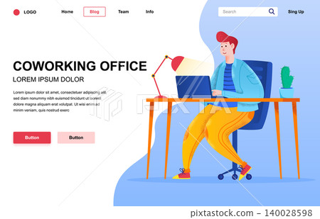 Coworking office flat landing page composition. Young man working with laptop at desk. Colorful people character with noise texture vector illustration. Coworking open space area for developers Coworking office flat landing page composition. Young man working with laptop at desk. Colorful people character with noise texture vector illustration. Coworking open space area for developers 140028598