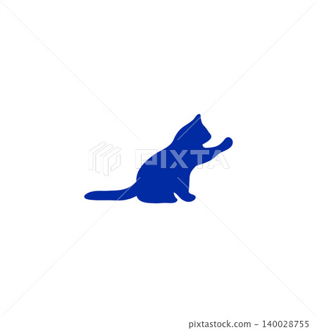 A simple silhouette illustration of a blue cat sitting and reaching out its paws, against a white background. A simple silhouette illustration of a blue cat sitting and reaching out its paws, against a white background. 140028755