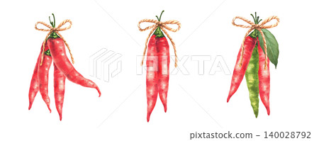 Red and green chili peppers pods set, tied with rope and leaf. Watercolor hand painted illustration with spicy natural Asian vegetable seasoning on Isolated white background for food packaging, labels Red and green chili peppers pods set, tied with rope and leaf. Watercolor hand painted illustration with spicy natural Asian vegetable seasoning on Isolated white background for food packaging, labels 140028792