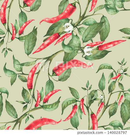 Watercolor hot chili pepper seamless pattern Plant with flowers red, green pepper pods and leaves. Hand drawn realistic illustration. Hot spicy garden vegetables fabric on isolated coloured background 140028797