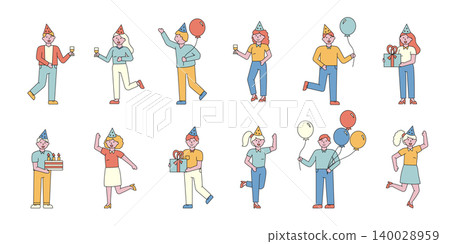 Party guests flat charers set. Joyful people with balloons at festive event cartoon illustrations. Friends in party hats having fun, holding presents. Special occasion, birthday celebration Party guests flat charers set. Joyful people with balloons at festive event cartoon illustrations. Friends in party hats having fun, holding presents. Special occasion, birthday celebration 140028959