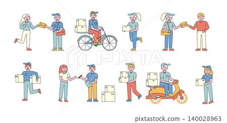 Mail delivery service workers flat charers set. People receiving letters and parcels cartoon illustration pack. Issuing receipt. Express orders shipment. Couriers riding bicycle and scooter Mail delivery service workers flat charers set. People receiving letters and parcels cartoon illustration pack. Issuing receipt. Express orders shipment. Couriers riding bicycle and scooter 140028963