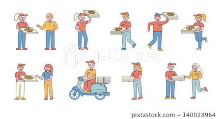 Pizza delivery service flat charers set. People ordering Italian snack. Courier on bike delivering fast food cartoon illustration. Food order shipment. Happy client receiving pizza packages Pizza delivery service flat charers set. People ordering Italian snack. Courier on bike delivering fast food cartoon illustration. Food order shipment. Happy client receiving pizza packages 140028964