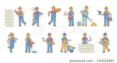 Builders flat charers set. People working at construction site cartoon illustrations pack. Engineers, handymen, contrors in uniform and hardhats using professional equipment Builders flat charers set. People working at construction site cartoon illustrations pack. Engineers, handymen, contrors in uniform and hardhats using professional equipment 140028965
