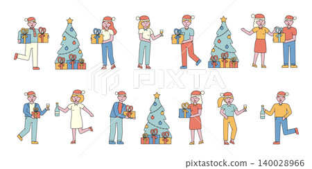 New Year celebration flat charers set. People in Santa hats sharing presents cartoon illustrations pack. Xmas preparation. Friends dancing at wintertime festival. Christmas eve fun 140028966