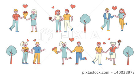 Romantic couples flat charers set. People in love meeting in park cartoon illustrations collection. Feelings expression, dating. First date romance. Happy boyfriend and girlfriend meeting Romantic couples flat charers set. People in love meeting in park cartoon illustrations collection. Feelings expression, dating. First date romance. Happy boyfriend and girlfriend meeting 140028972