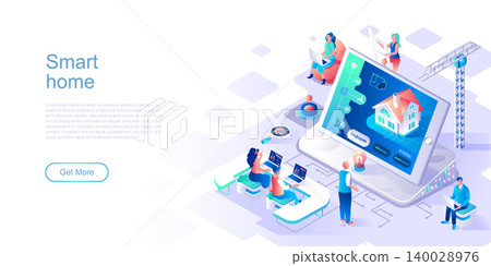 Smart home landing page vector template. Automated house control system website header UI layout with isometric illustration. Wireless controller on tablet display web banner isometry concept Smart home landing page vector template. Automated house control system website header UI layout with isometric illustration. Wireless controller on tablet display web banner isometry concept 140028976