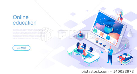 Online education landing page vector template. Distant academic class website header UI layout with isometric illustration. Assignment and examination for students web banner isometry concept Online education landing page vector template. Distant academic class website header UI layout with isometric illustration. Assignment and examination for students web banner isometry concept 140028978