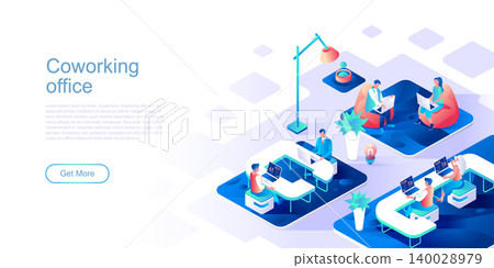 Coworking office landing page vector template. Freelance startup team website header UI layout with isometric illustration. Professional meeting in workplace web banner isometry concept Coworking office landing page vector template. Freelance startup team website header UI layout with isometric illustration. Professional meeting in workplace web banner isometry concept 140028979
