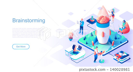 Brainstorming landing page vector template. Corporate strategy planning website header UI layout with isometric illustration. Creative thinking and imagination web banner isometry concept Brainstorming landing page vector template. Corporate strategy planning website header UI layout with isometric illustration. Creative thinking and imagination web banner isometry concept 140028981