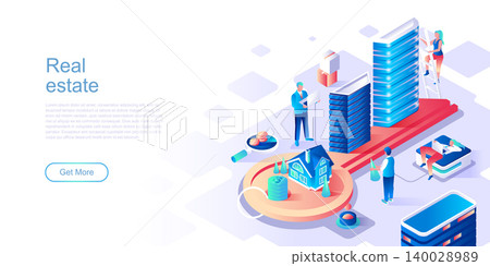 Real estate landing page vector template. Private property website header UI layout with isometric illustration. Residential apartment, buildings and skyscrapers web banner isometry concept Real estate landing page vector template. Private property website header UI layout with isometric illustration. Residential apartment, buildings and skyscrapers web banner isometry concept 140028989
