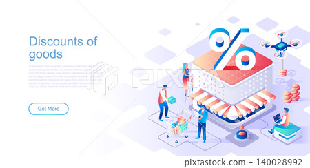 Discounts of goods landing page vector template. Seasonal price reduction website header UI layout with isometric illustration. Limited merchandise promo campaign web banner isometry concept Discounts of goods landing page vector template. Seasonal price reduction website header UI layout with isometric illustration. Limited merchandise promo campaign web banner isometry concept 140028992