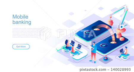 Mobile banking landing page vector template. Online smartphone payment website header UI layout with isometric illustration. Digital currency transaction web banner isometry concept Mobile banking landing page vector template. Online smartphone payment website header UI layout with isometric illustration. Digital currency transaction web banner isometry concept 140028993