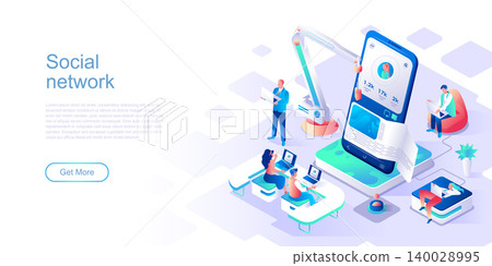 Social network landing page vector template. Online digital blog profile website header UI layout with isometric illustration. Networking strategy, SMM and SEO web banner isometry concept Social network landing page vector template. Online digital blog profile website header UI layout with isometric illustration. Networking strategy, SMM and SEO web banner isometry concept 140028995