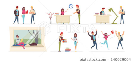 Happy high school students cartoon characters set. Young cheerful people, diligent college pupils flat vector illustrations pack. Smart university students studying, Academic education design elements 140029004