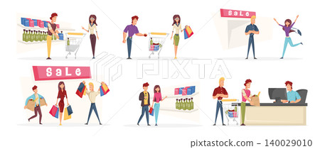 People go shopping cartoon characters set. Happy store customers choosing products flat vector illustrations pack. Cheerful shoppers, buyers. Men and women, shopaholics buying goods on sale People go shopping cartoon characters set. Happy store customers choosing products flat vector illustrations pack. Cheerful shoppers, buyers. Men and women, shopaholics buying goods on sale 140029010