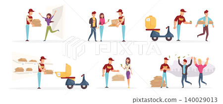Pizzeria workers and customers characters set. Couriers delivering tasty pizza flat vector illustrations pack. Satisfied customers receiving orders. Fast food transportation service design elements Pizzeria workers and customers characters set. Couriers delivering tasty pizza flat vector illustrations pack. Satisfied customers receiving orders. Fast food transportation service design elements 140029013