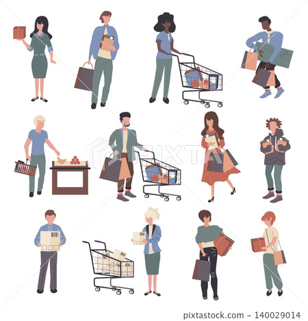 Shoppers, shopaholics cartoon characters set. Young people, buyers with shopping bags and carts flat vector illustrations pack. Shop customers with purchases. Consumerism design elements Shoppers, shopaholics cartoon characters set. Young people, buyers with shopping bags and carts flat vector illustrations pack. Shop customers with purchases. Consumerism design elements 140029014