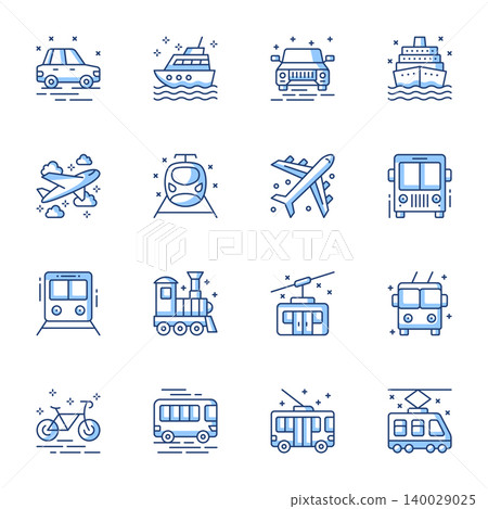 Transport mean linear vector icons set. Passenger vehicles, public bus, metro, tram contour symbols isolated pack. Ship, car, airplane. Urban automobile, traffic thin line illustrations collection Transport mean linear vector icons set. Passenger vehicles, public bus, metro, tram contour symbols isolated pack. Ship, car, airplane. Urban automobile, traffic thin line illustrations collection 140029025