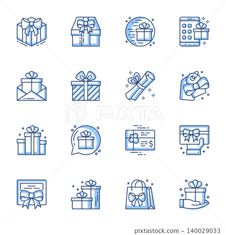 Presents linear vector icons set. Surprise box with ribbon and bow, store gift card, coupon contour symbols isolated pack. Shop bonus, electronic voucher thin line illustrations collection Presents linear vector icons set. Surprise box with ribbon and bow, store gift card, coupon contour symbols isolated pack. Shop bonus, electronic voucher thin line illustrations collection 140029033
