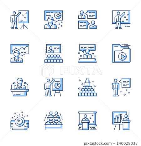 Business conference, seminar linear vector illustrations set. Public lecture, teacher and audience contour symbols isolated pack. Personnel training, corporate presentation thin line illustrations 140029035