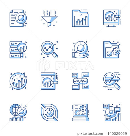 Data analytics linear vector icons set. Statistics research, charts and graphs analyzing contour symbols isolated pack. Lead generation, marketing funnel thin line illustrations collection 140029039