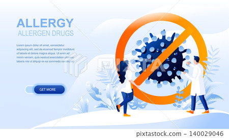 Allergy flat landing page with header, banner vector template. Drugs for treating allergy symptoms, hypersensitivity of the immune system medication website layout. Doctors cartoon characters Allergy flat landing page with header, banner vector template. Drugs for treating allergy symptoms, hypersensitivity of the immune system medication website layout. Doctors cartoon characters 140029046