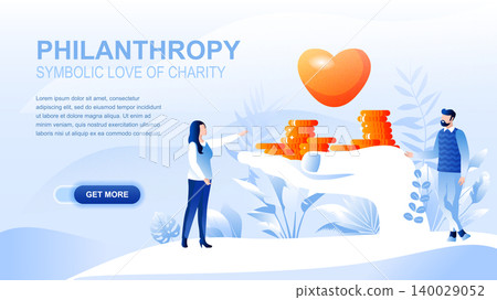 Philanthropy flat landing page with header, banner vector template. Donation of money, fundraising, charity website layout. Love of humanity symbols, philanthropist cartoon characters 140029052
