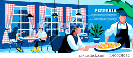 Pizzeria flat vector landing page template. Italian food restaurant contemporary interior banner layout with header. Cafe waiter character holding pizza cartoon illustration with text space Pizzeria flat vector landing page template. Italian food restaurant contemporary interior banner layout with header. Cafe waiter character holding pizza cartoon illustration with text space 140029082