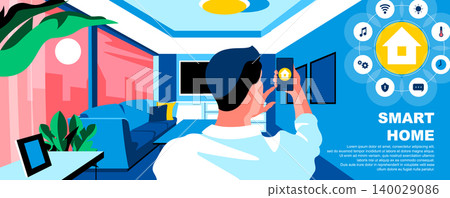 Smart home flat vector landing page template. House appliance remote control mobile application banner layout with header. Home automation system cartoon illustration with text space Smart home flat vector landing page template. House appliance remote control mobile application banner layout with header. Home automation system cartoon illustration with text space 140029086