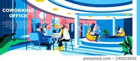 Coworking office flat vector landing page template. Contemporary open corporate space banner layout with header. Employees modern collaboration workplace cartoon illustration with text space 140029092
