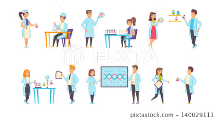 Medical laboratories flat vector illustrations set. Experiment, scientific research scenes bundle. Scientists and assistants, chemists, people in medical gowns cartoon characters collection Medical laboratories flat vector illustrations set. Experiment, scientific research scenes bundle. Scientists and assistants, chemists, people in medical gowns cartoon characters collection 140029111