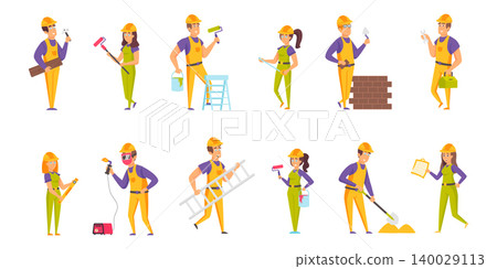 Builders flat vector illustrations set. Welding, wall putty and painting scenes bundle. Male and female constructors, people in helmets and uniform, foremen cartoon characters collection Builders flat vector illustrations set. Welding, wall putty and painting scenes bundle. Male and female constructors, people in helmets and uniform, foremen cartoon characters collection 140029113