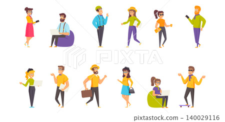 Hipsters flat vector illustrations set. Subculture representatives communication scenes bundle. Stylish people, young men and women in retro style clothing cartoon characters collection Hipsters flat vector illustrations set. Subculture representatives communication scenes bundle. Stylish people, young men and women in retro style clothing cartoon characters collection 140029116